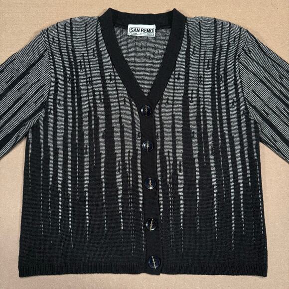Vintage Black White Abstract Striped Button Cardigan 90s San Remo Petites S - Picture 2 of 8